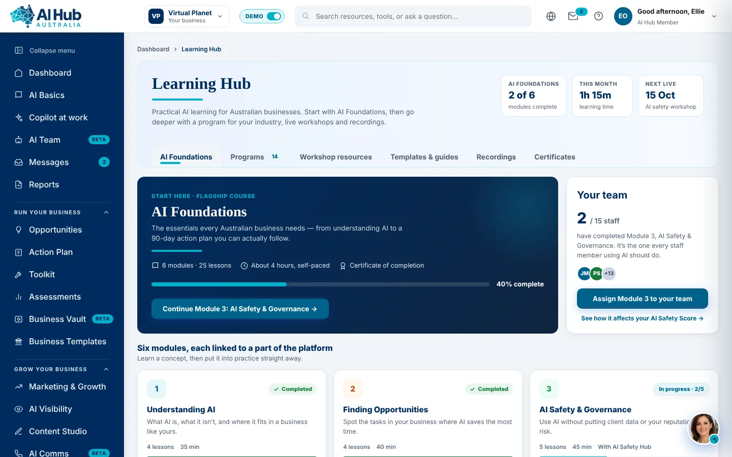Learning Hub con il corso AI Foundations, i progressi e la formazione del team