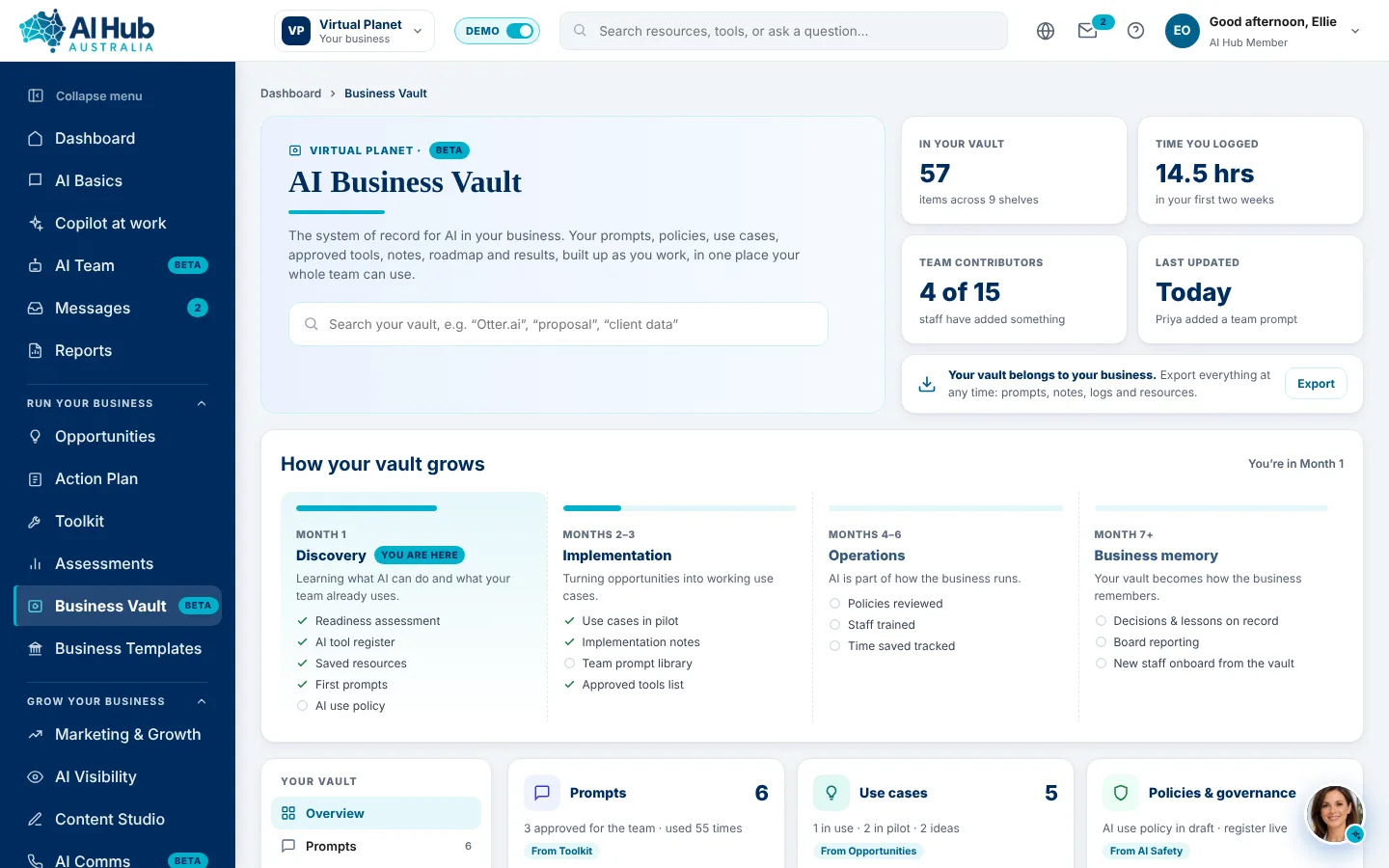 Business Vault con prompt, policy, strumenti, note e tempo registrato
