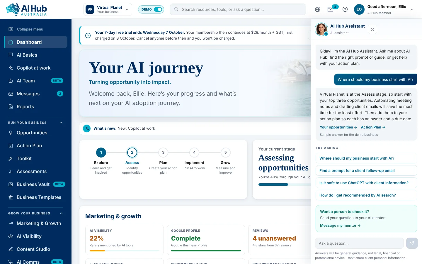 Il pannello AI Hub Assistant aperto sulla dashboard, che risponde su da dove l'attività dovrebbe iniziare con l'AI e rimanda alle sue opportunità e al suo piano d'azione